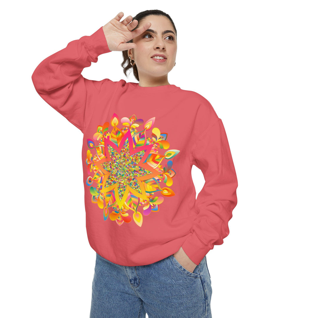 Colorful mandala sweatshirt with intricate design and vibrant patterns for casual and comfortable wear