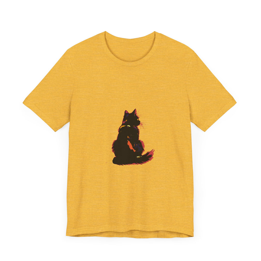 Black Cat Mystery T-Shirt - Shadowy Elegance: A black t-shirt featuring a mysterious black cat design, exuding an air of elegance and intrigue