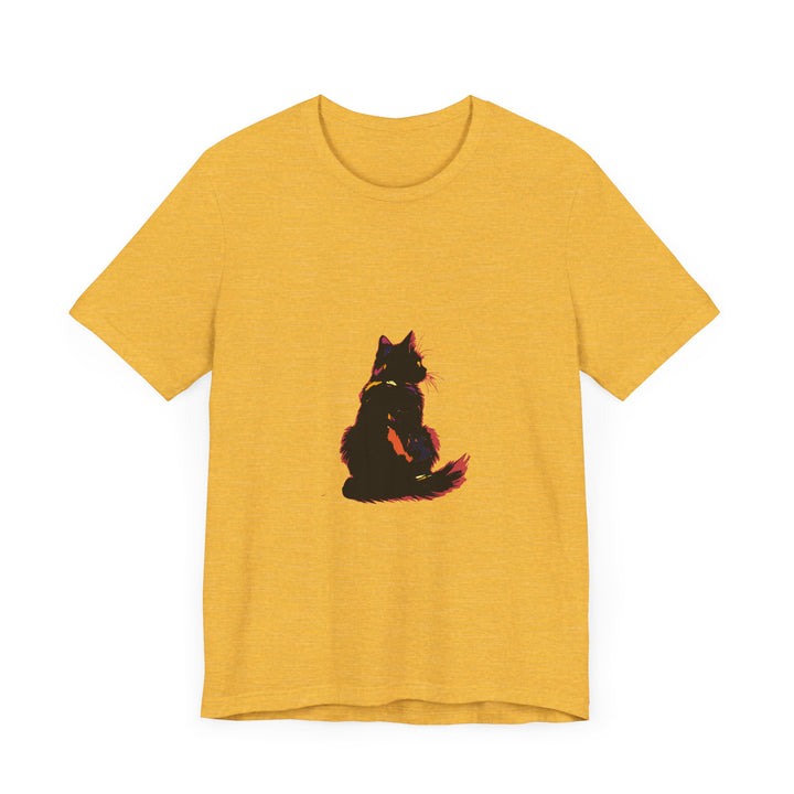 Black Cat Mystery T-Shirt - Shadowy Elegance: A black t-shirt featuring a mysterious black cat design, exuding an air of elegance and intrigue