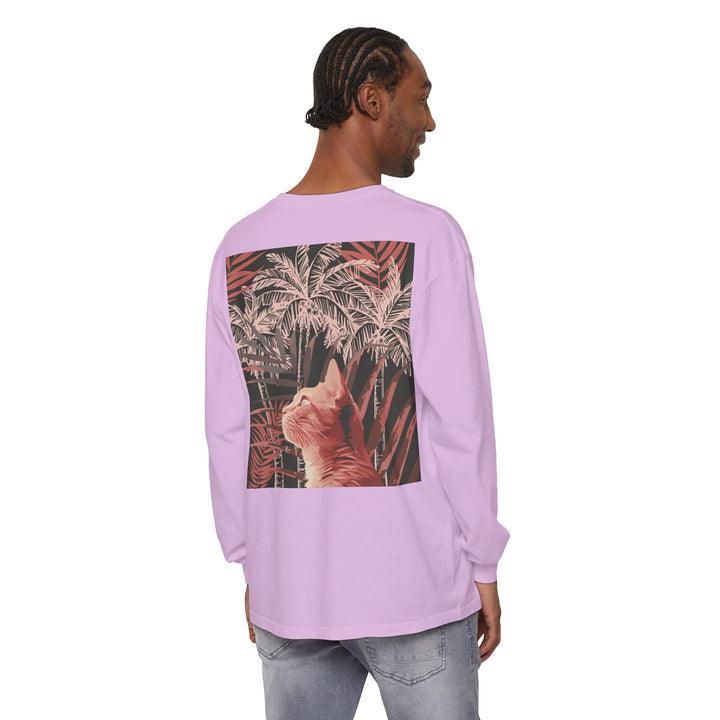 A detailed image of a comfortable cotton t-shirt featuring an adorable ginger cat lounging on a tropical palm tree background