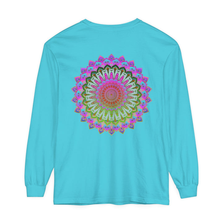 Vibrant and colorful mandala-inspired design on unisex long sleeve t-shirt