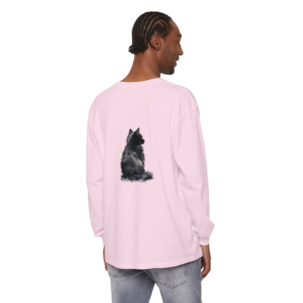 Beautiful long sleeve t-shirt featuring a watercolor design of a black and white cat