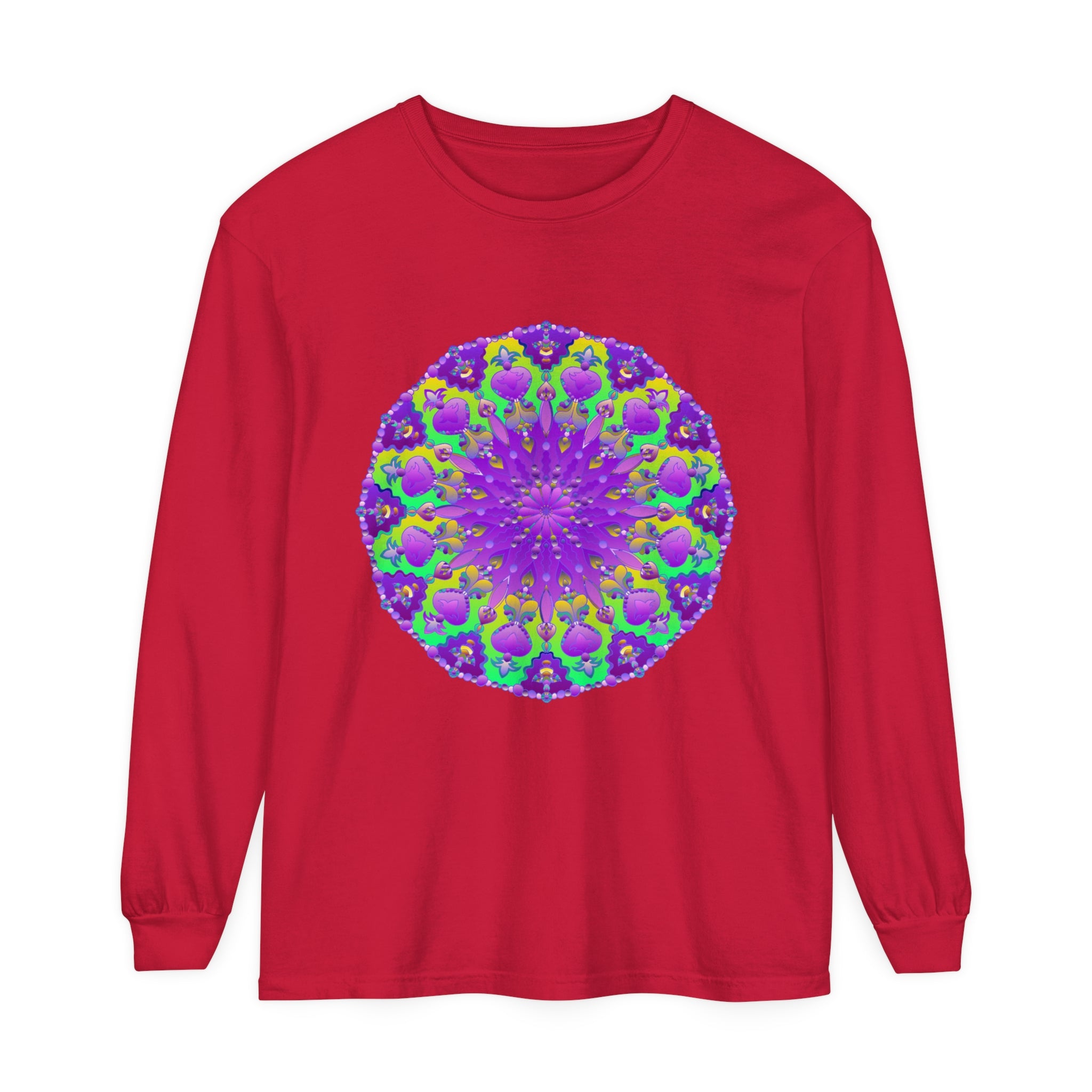 Vibrant purple and green mandala design long sleeve t-shirt for women