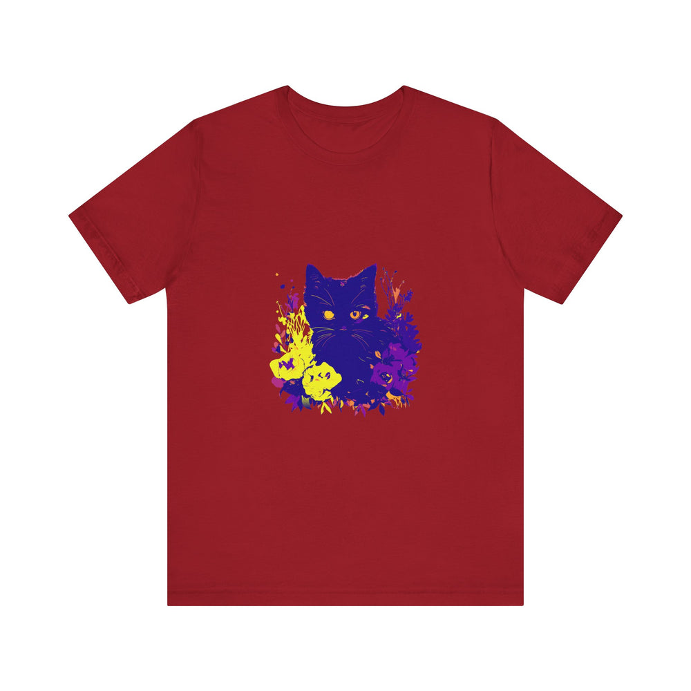 Black Cat Mystery Neon Flower T-Shirt - A vibrant and eye-catching graphic tee featuring a mysterious feline and neon-colored flowers on a black background