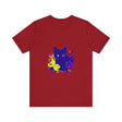 Black Cat Mystery Neon Flower T-Shirt - A vibrant and eye-catching graphic tee featuring a mysterious feline and neon-colored flowers on a black background