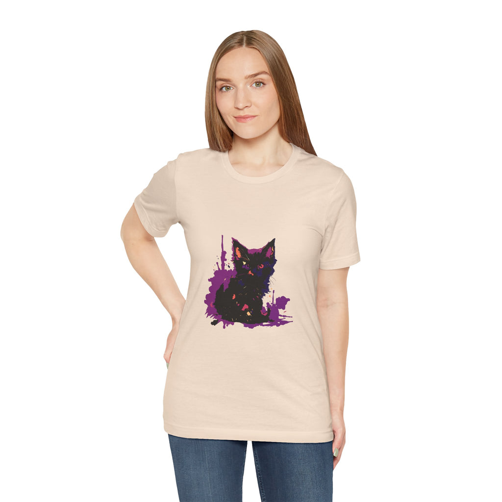 Schwarzes Katzenrätsel – Lila Farbspritzer-T-Shirt