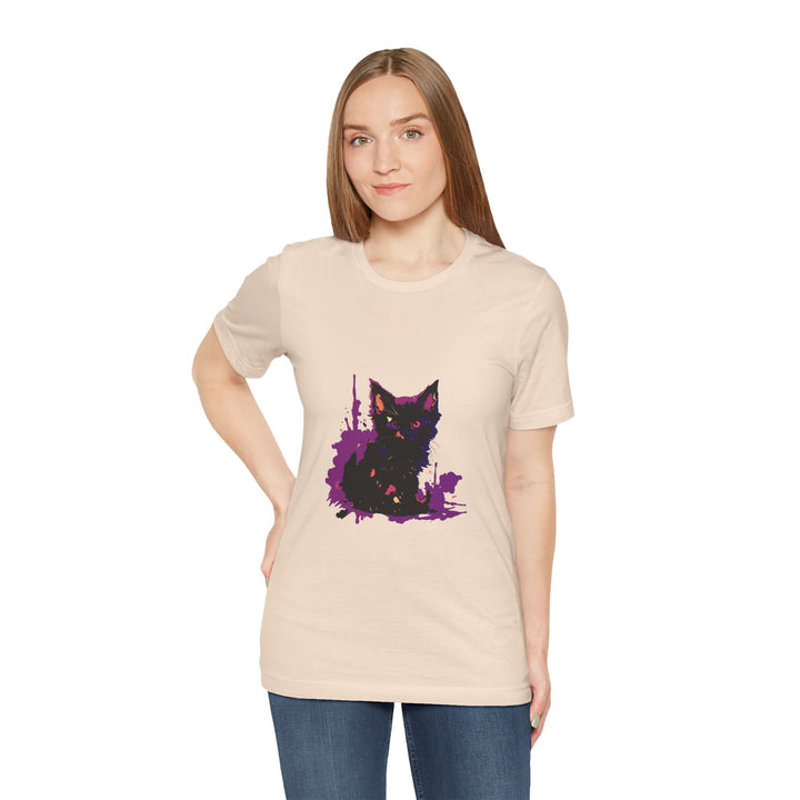 Schwarzes Katzenrätsel – Lila Farbspritzer-T-Shirt