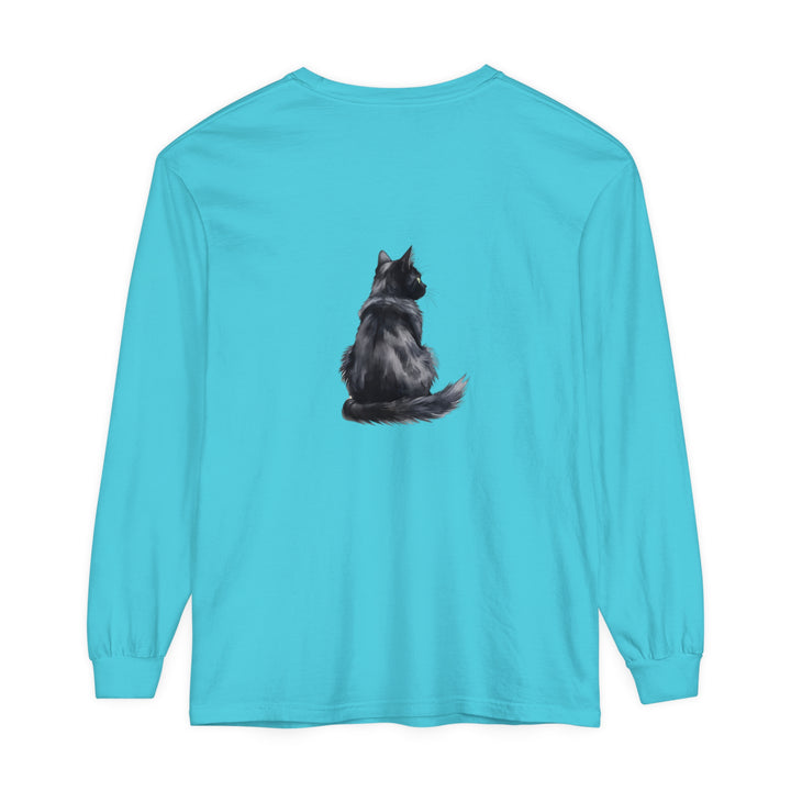 Black Cat Watercolor Long Sleeve T-Shirt featuring a realistic watercolor image of a black cat on a comfortable long sleeve t-shirt