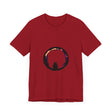 A black cat with glowing yellow eyes standing in front of a mysterious full moon, printed on a stylish and spooky t-shirt