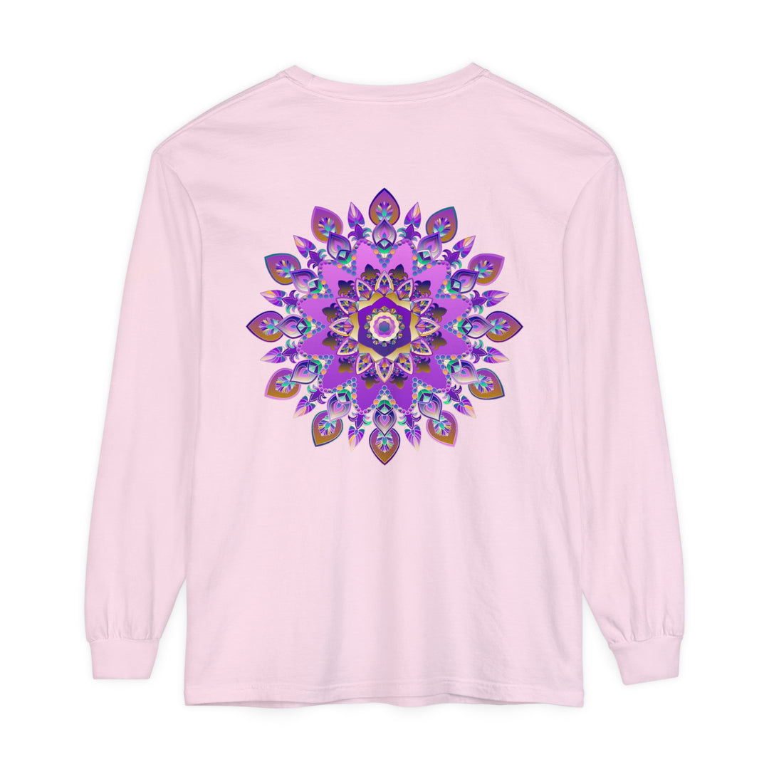 Vibrant purple and gold mandala long sleeve t-shirt with intricate design