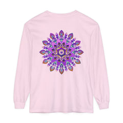 Vibrant purple and gold mandala long sleeve t-shirt with intricate design