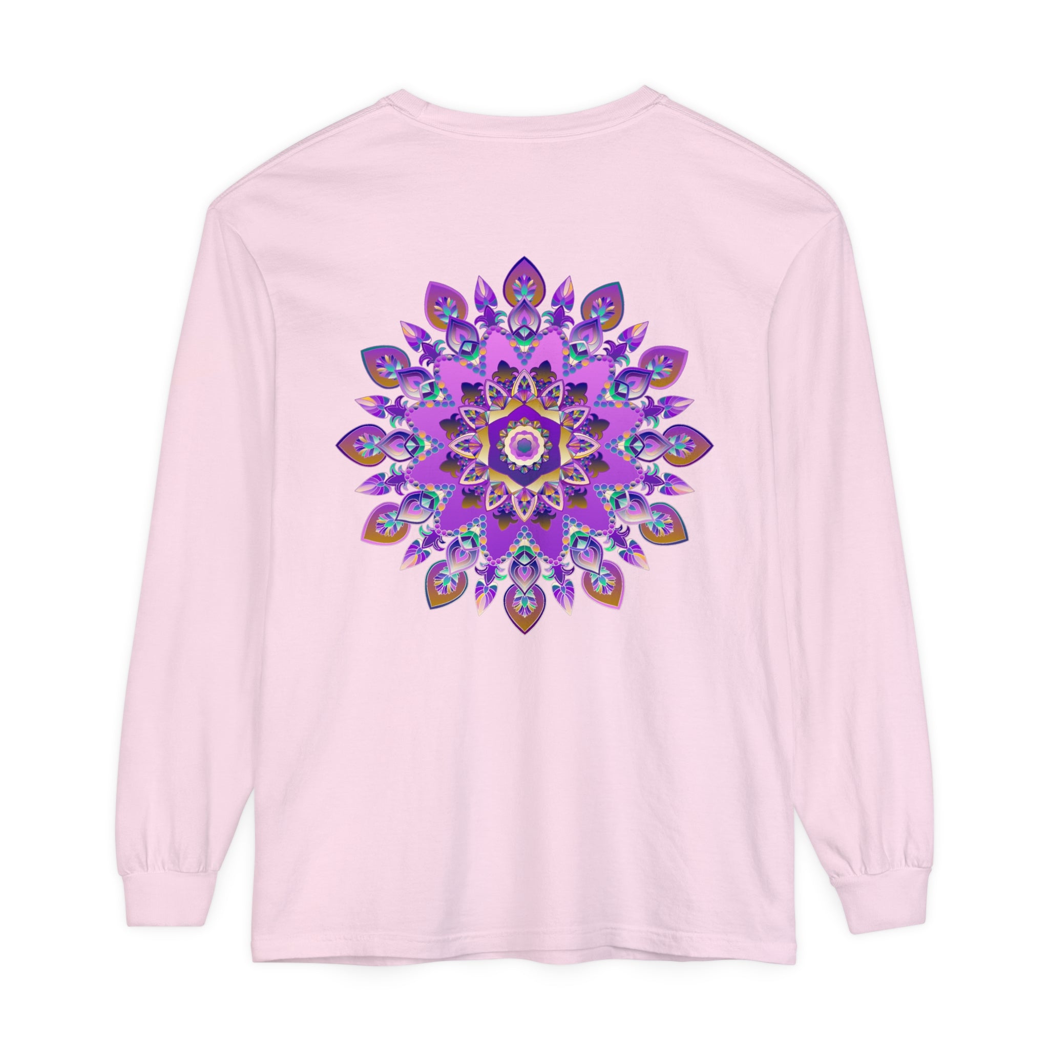 Vibrant purple and gold mandala long sleeve t-shirt with intricate design