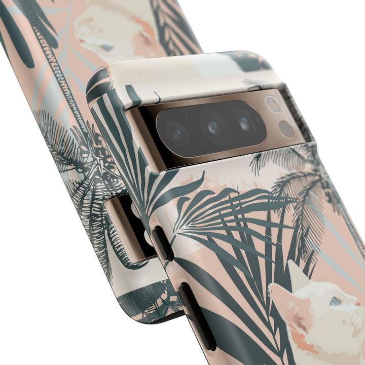 Tropische Katzen-Telefonhülle mit üppigen Palmenmotiven und sanften Pastelltönen