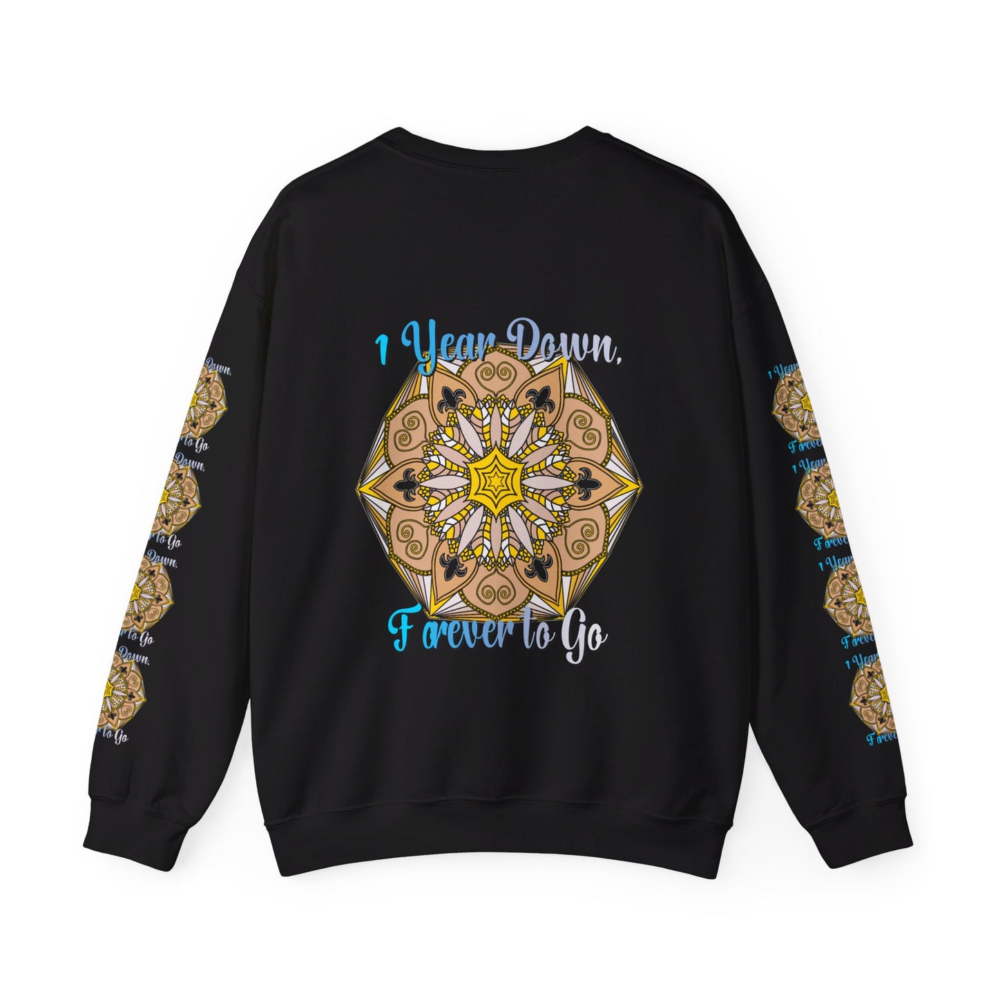 A unisex heavy blend crewneck sweatshirt in black with 1 Year Down, Forever to Go printed on the front, perfect for a first year wedding anniversary gift