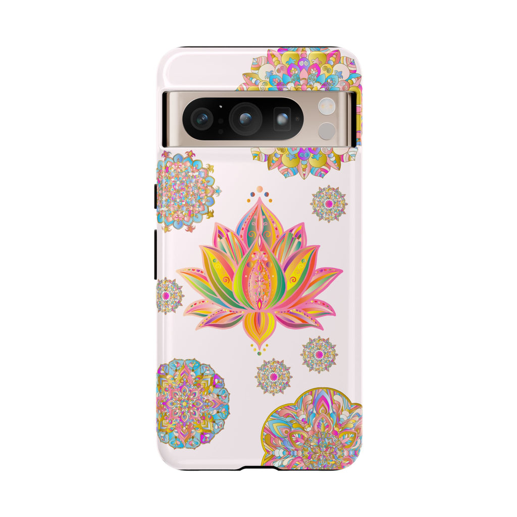 A light pink phone case with a mandala design featuring a beautiful lotus flower pattern