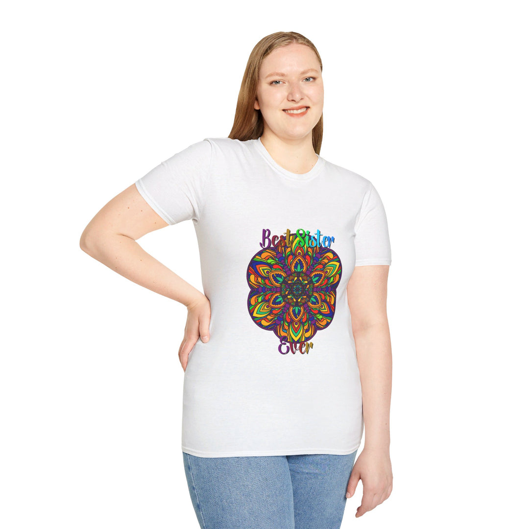 Colorful mandala art gift for sister unisex softstyle t-shirt with hand-drawn design