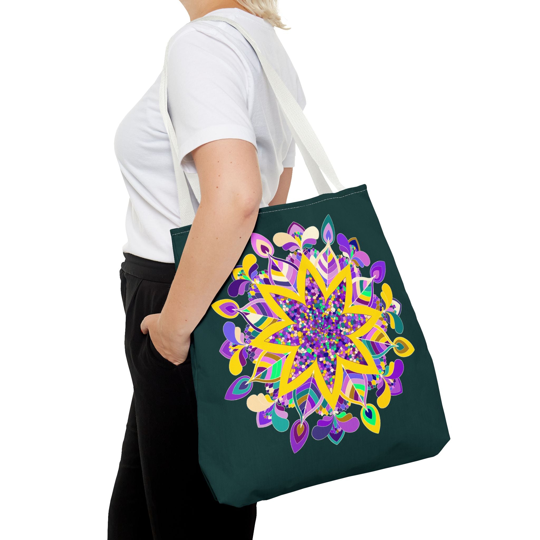 Dark green tote bag with colorful mandala design, perfect for Zen girls, from Blululi