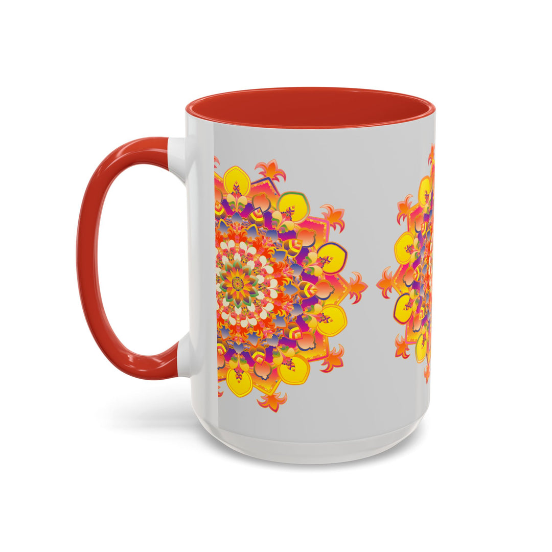 A close-up image of a vibrant mandala mug featuring colorful and intricate art designs