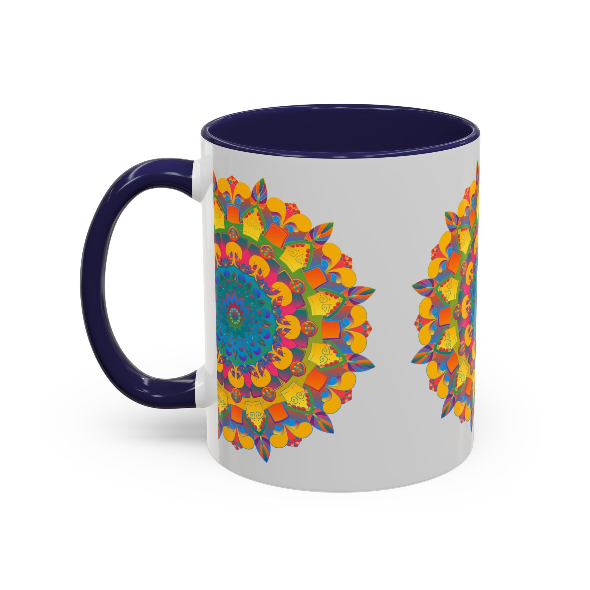 Handcrafted ceramic mug with beautiful mandala-inspired floral design in vibrant colors