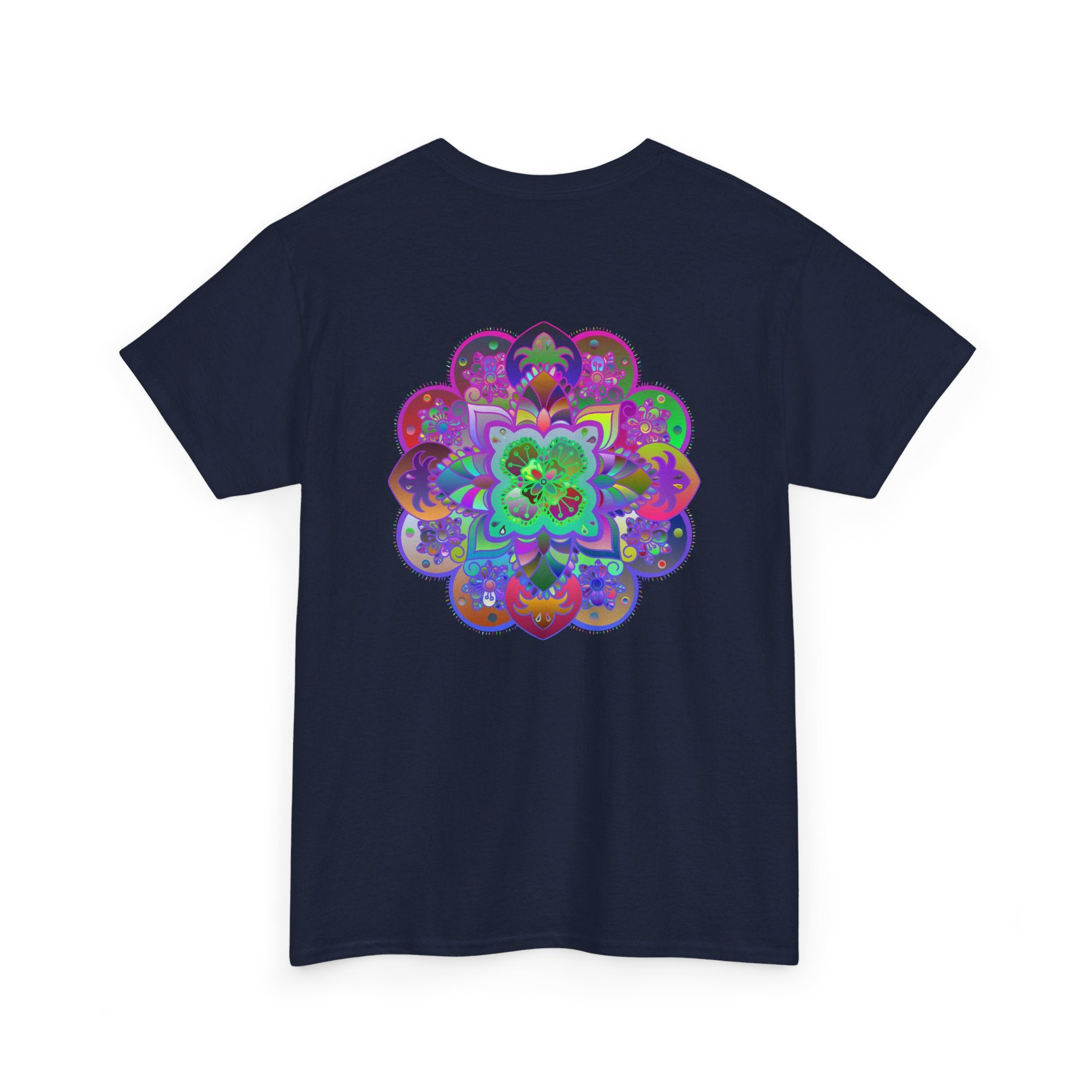 Colorful mandala artwork printed on a soft and comfortable unisex heavy cotton t-shirt, perfect for yoga and mindfulness practices