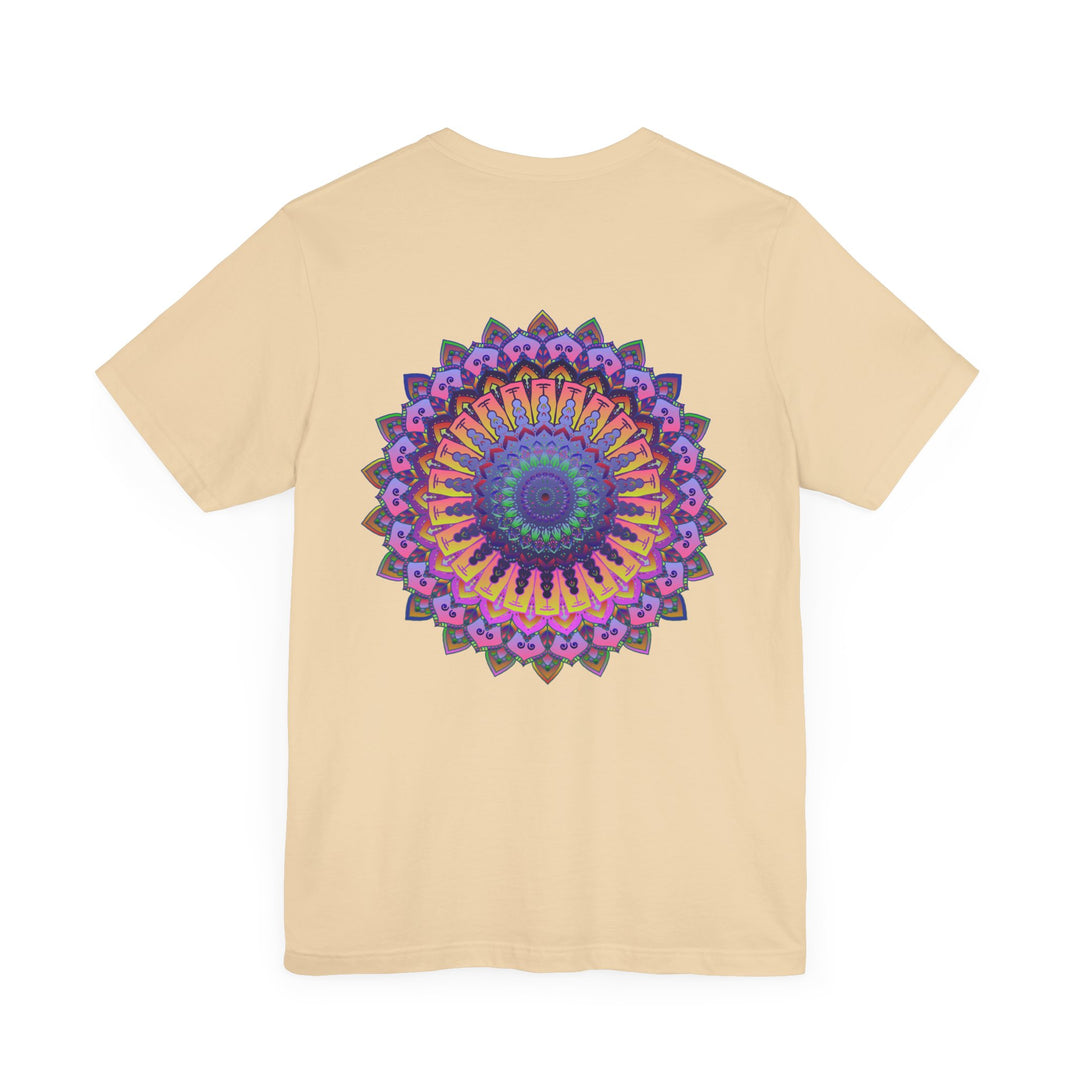 Colorful and intricate mandala design on a vibrant t-shirt promoting spiritual peace and harmony