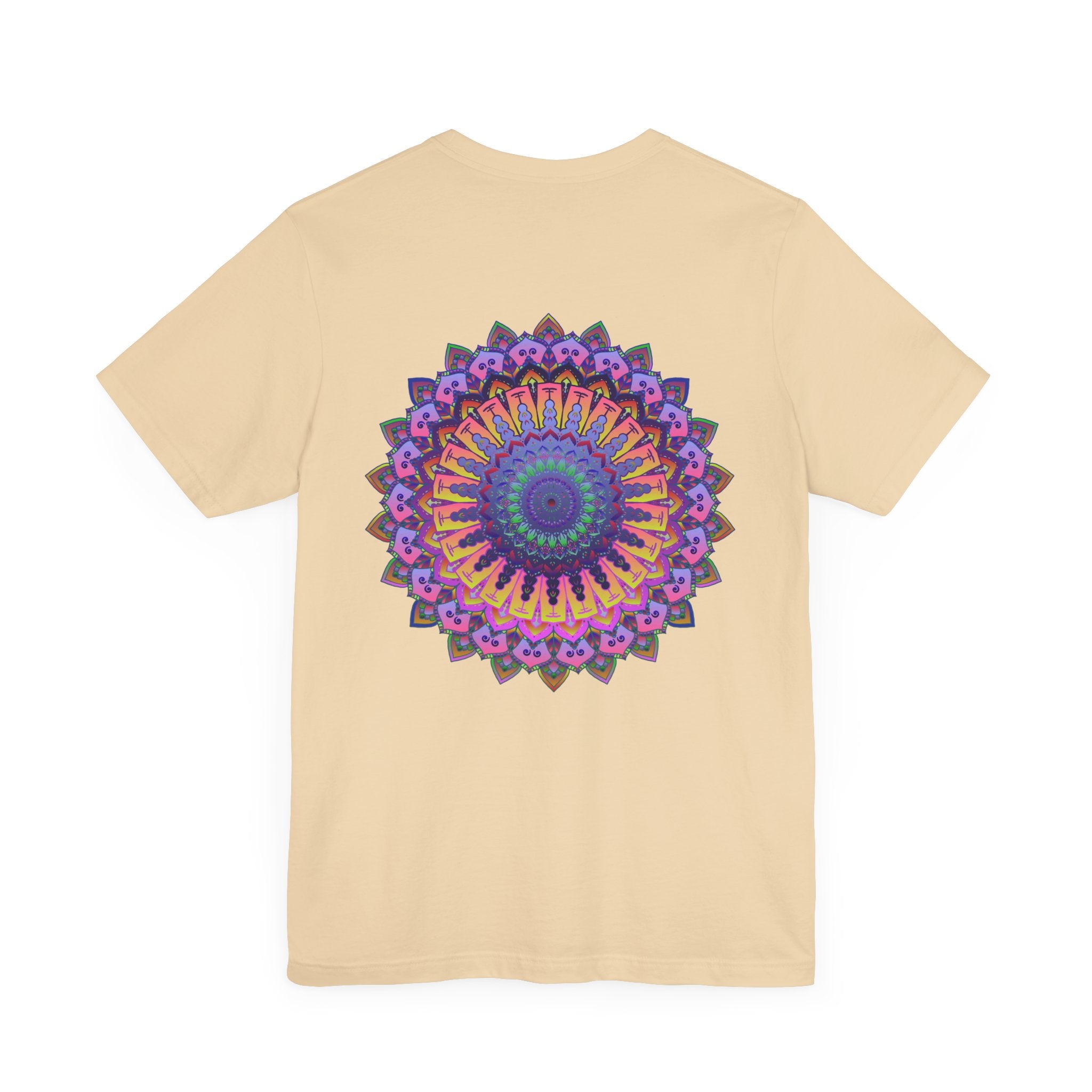 Colorful and intricate mandala design on a vibrant t-shirt promoting spiritual peace and harmony