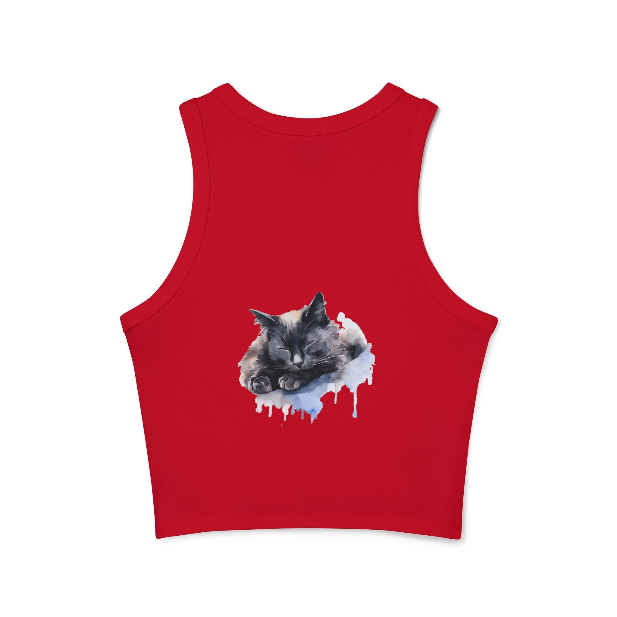 A cute and cozy racerback tank top with a sleeping cat design