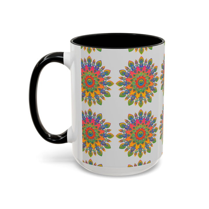 Colorful mandala design on a grey ceramic mug, perfect for adding a pop of art to your morning coffee routine