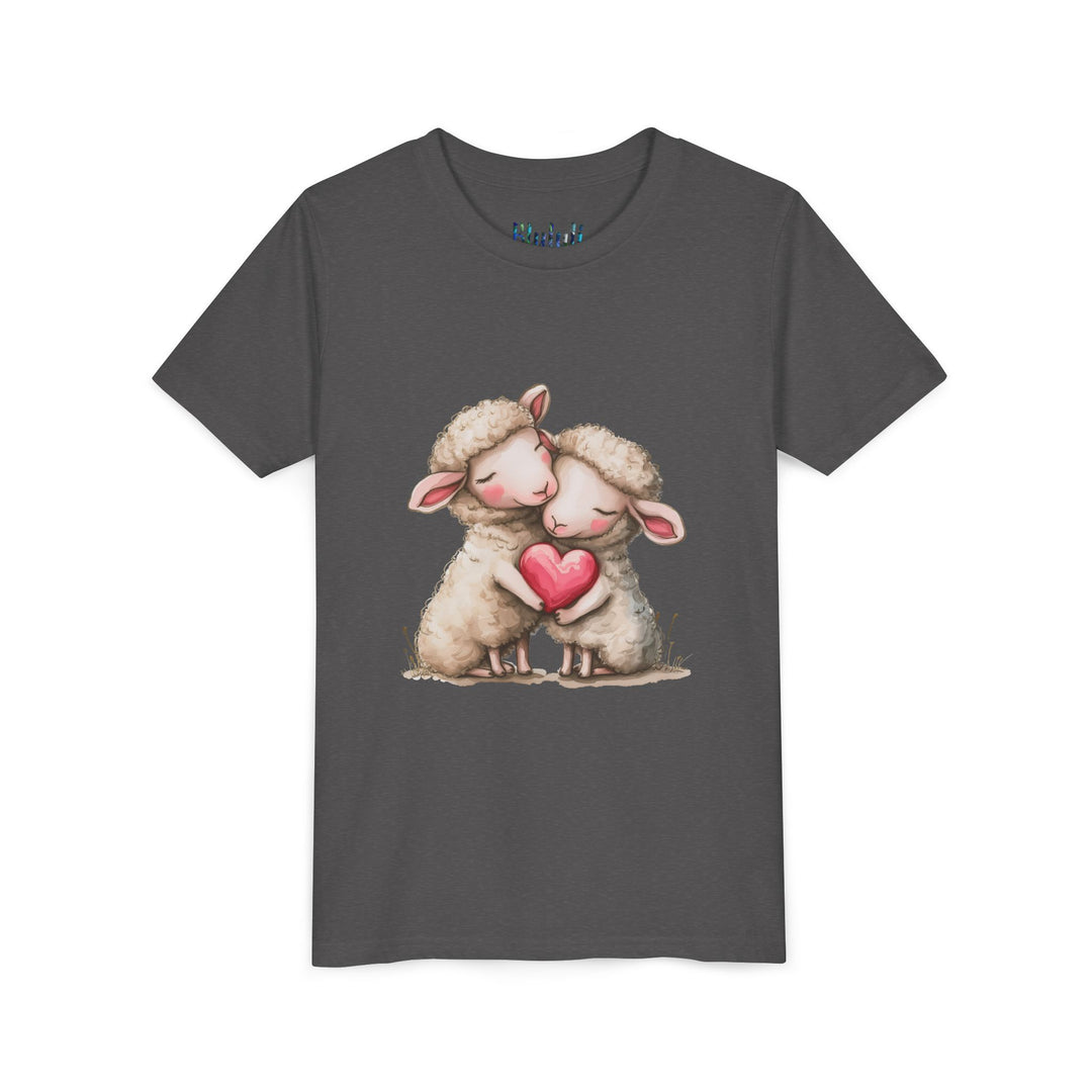 Jugend-T-Shirt – Cartoon-Schafe, die ein Herz umarmen, süßes und schönes Design 