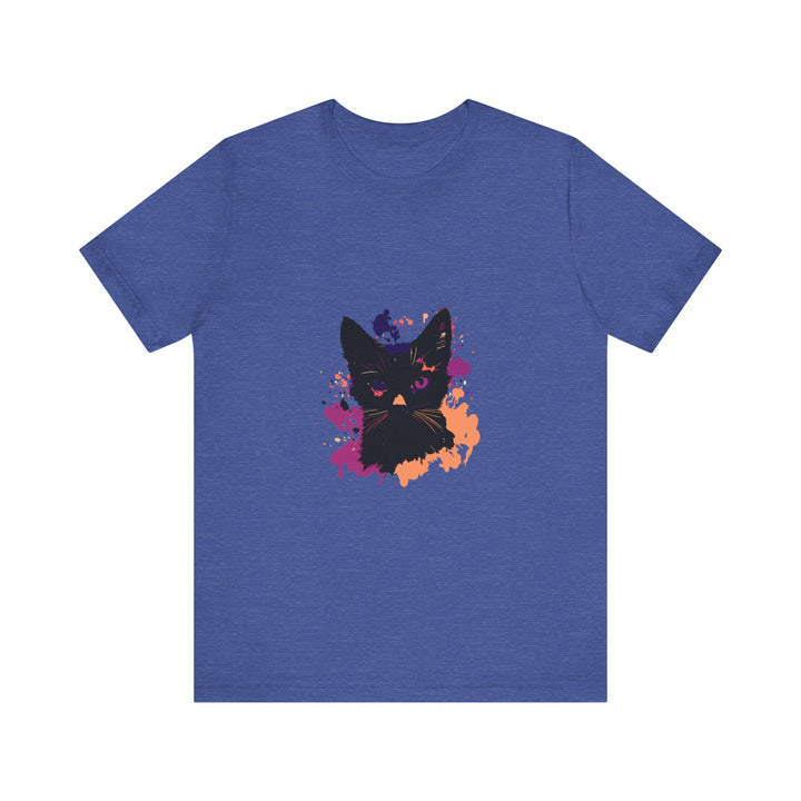 Black Cat Mystery T-Shirt with a striking design featuring purple eyes