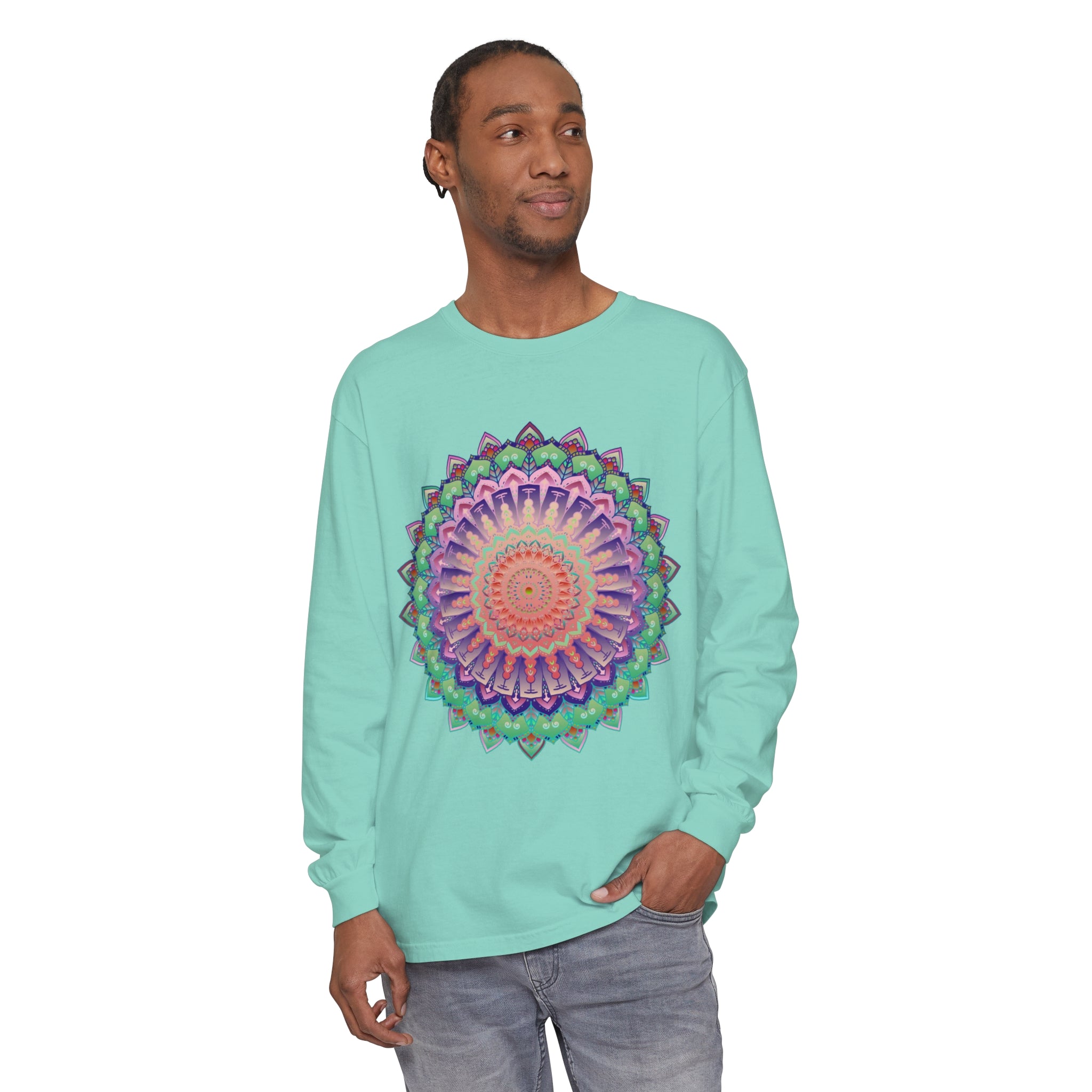 Long sleeve shirt featuring a bold and vibrant mandala design