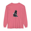 A long sleeve t-shirt featuring a watercolor illustration of a black and white cat