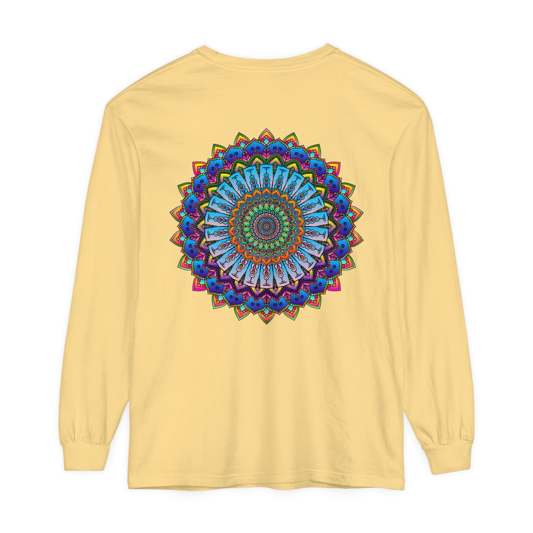 Colorful and intricate mandala print on unisex long sleeve t-shirt