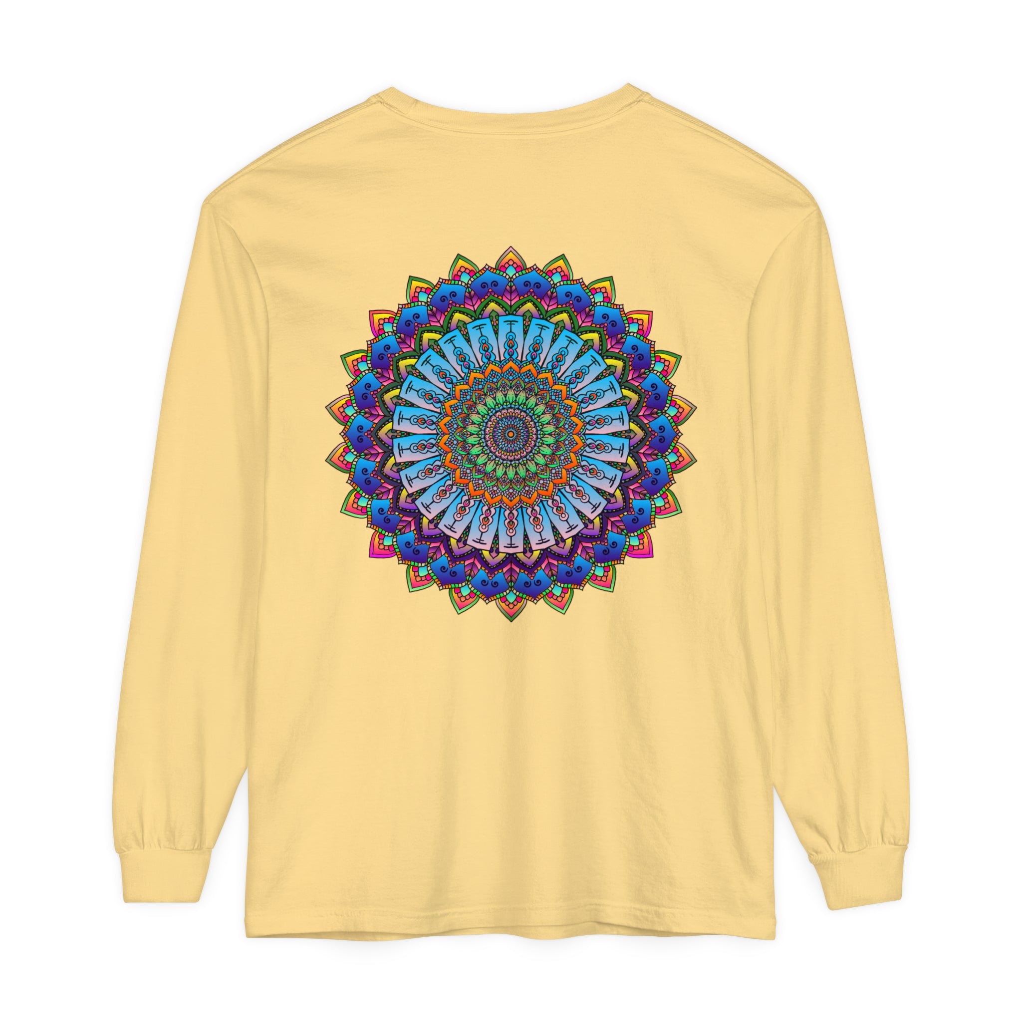 Colorful and intricate mandala print on unisex long sleeve t-shirt