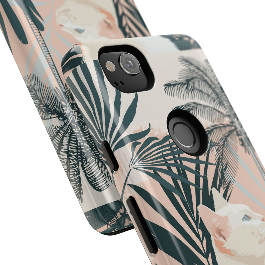 Tropical Cat Phone Case with Lush Palm Motifs and Soft Pastels