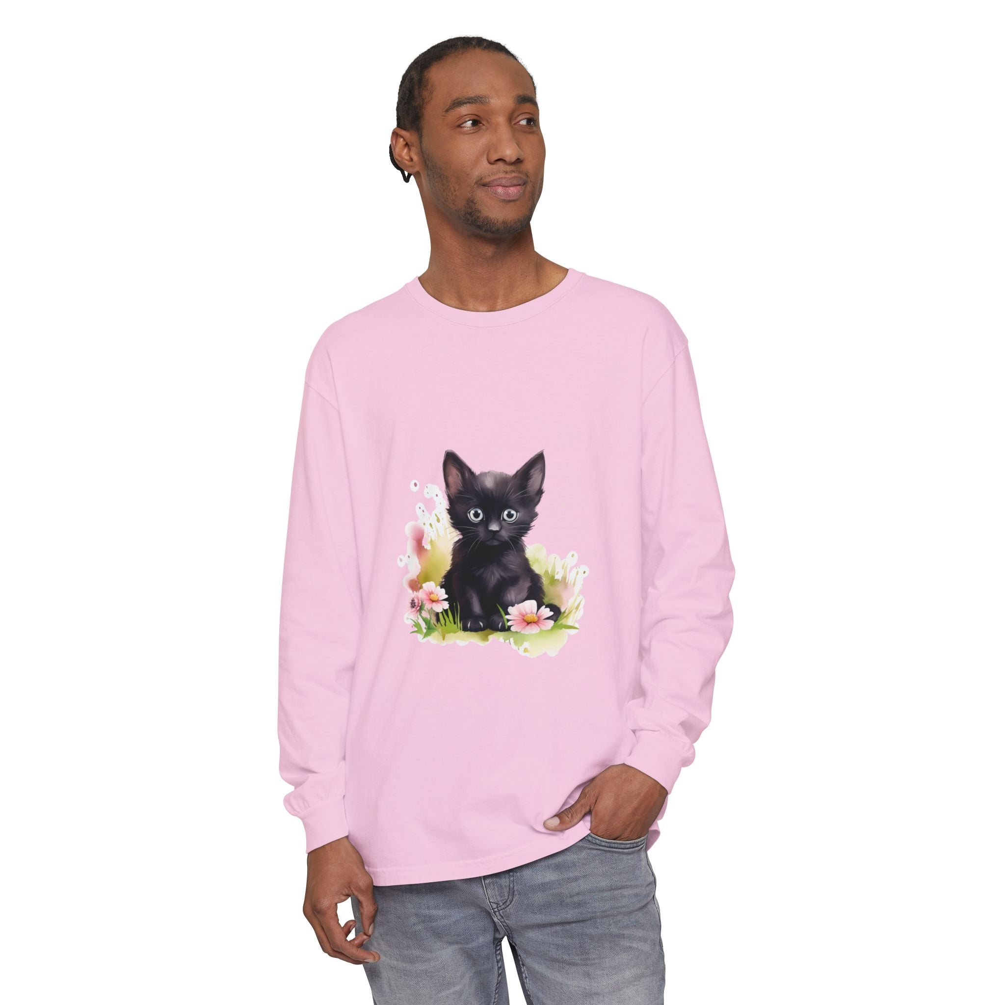 Langarmshirt | Schwarzes Kätzchen & rosa Blumen
