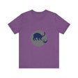 A black cat with glowing eyes and a playful silhouette on a mystery-themed t-shirt