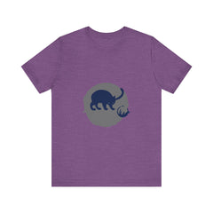 A black cat with glowing eyes and a playful silhouette on a mystery-themed t-shirt