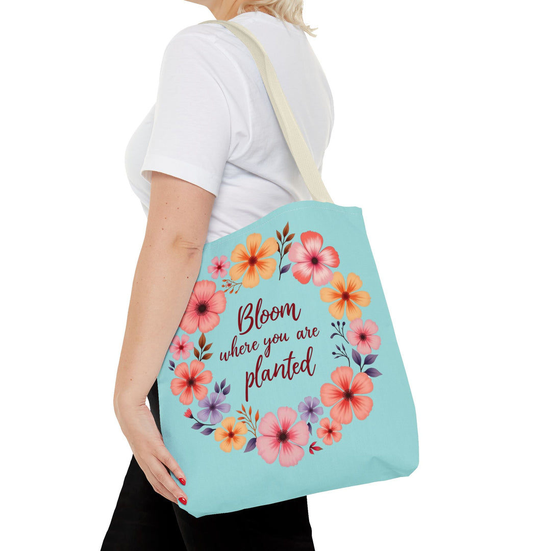 Beautiful floral tote bag with the quote 'Bloom Where You Are Planted' available in 3 sizes