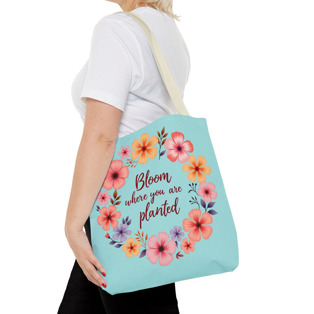 Beautiful floral tote bag with the quote 'Bloom Where You Are Planted' available in 3 sizes