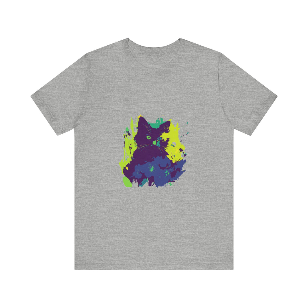 A stylish and eye-catching black t-shirt featuring an abstract design of a mysterious black cat