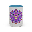 Beautiful purple and gold mandala mug with intricate bohemian art design
