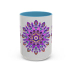 Beautiful purple and gold mandala mug with intricate bohemian art design