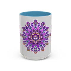 Beautiful purple and gold mandala mug with intricate bohemian art design