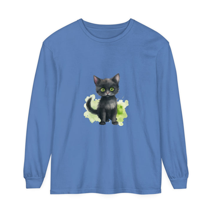 Beautiful black cat watercolor design featured on a cozy long sleeve t-shirt