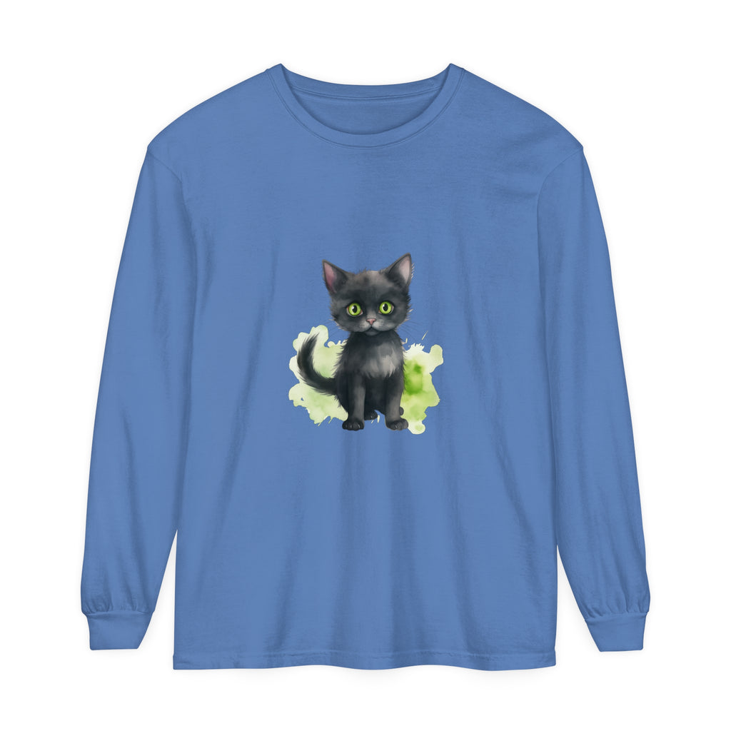 Beautiful black cat watercolor design featured on a cozy long sleeve t-shirt