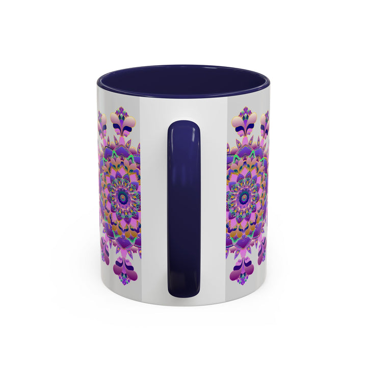 A close-up image of a ceramic Mandala Mug featuring a vibrant purple and pink floral design, perfect for enjoying your morning coffee or tea