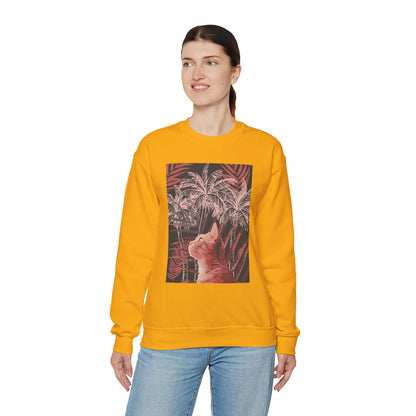 Cozy unisex heavy blend crewneck sweatshirt with a cute cat design under palm trees