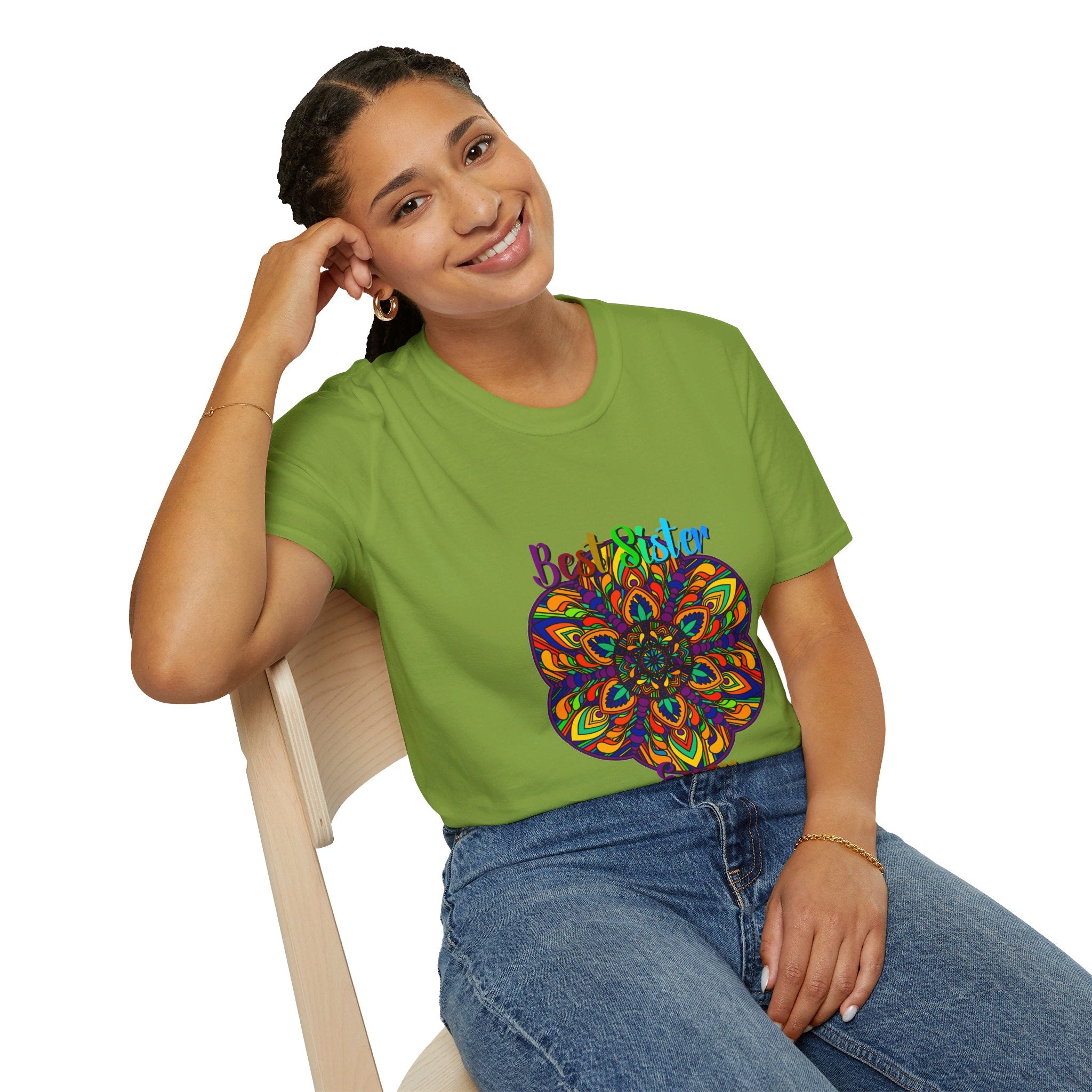 Colorful and intricate hand-drawn mandala art t-shirt, perfect gift for sister