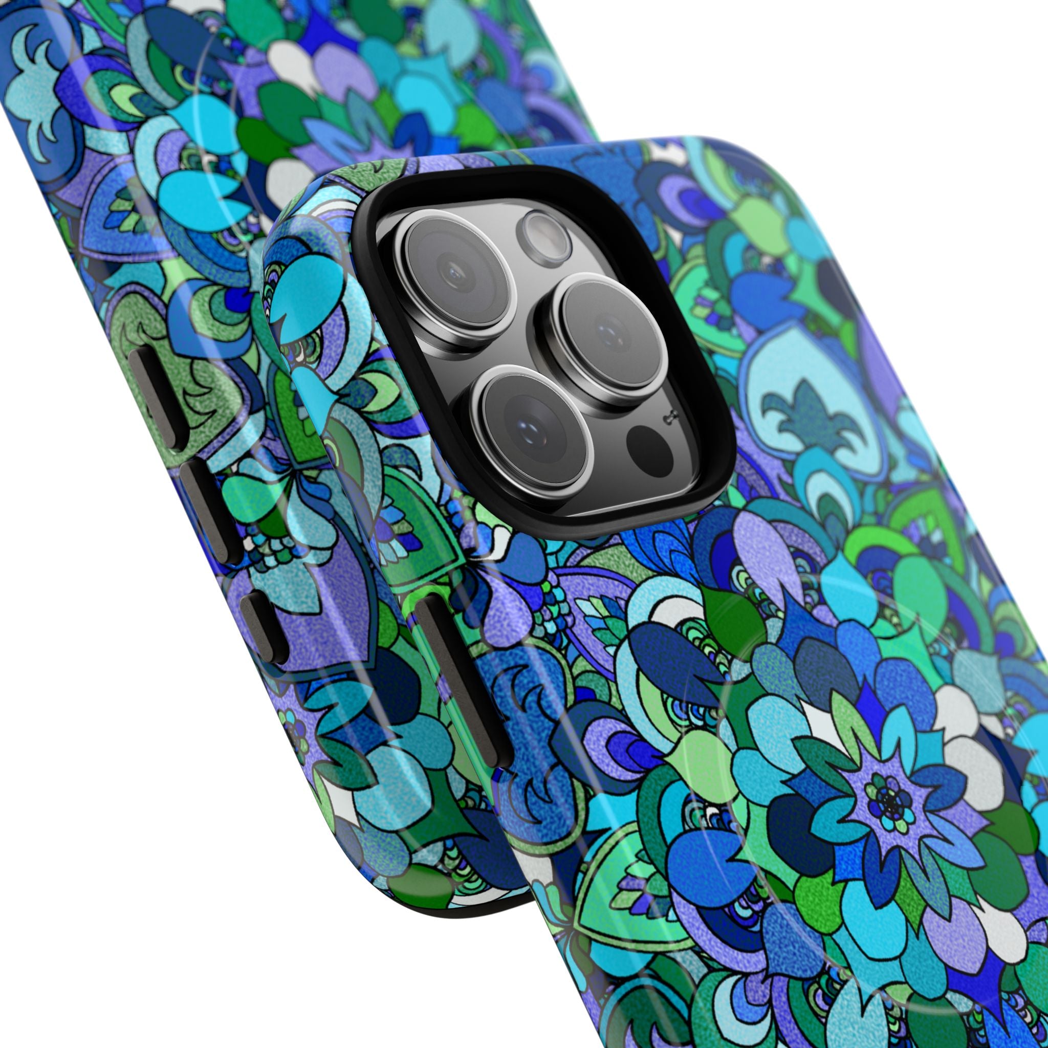 Cover Rigida Magnetica per Telefono con Mandala Floreale — Motivo Blu Verde